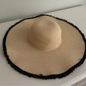 Floppy Woven Straw Wide Brimmed Derby Sun Hat with Black Fringe